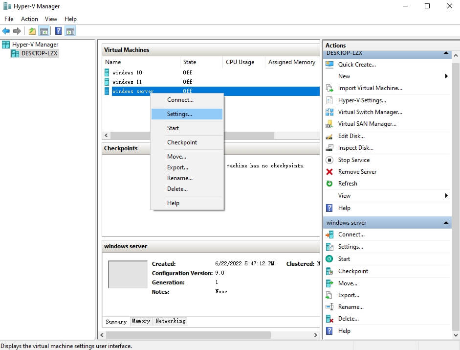 Hyper-V VM Settings