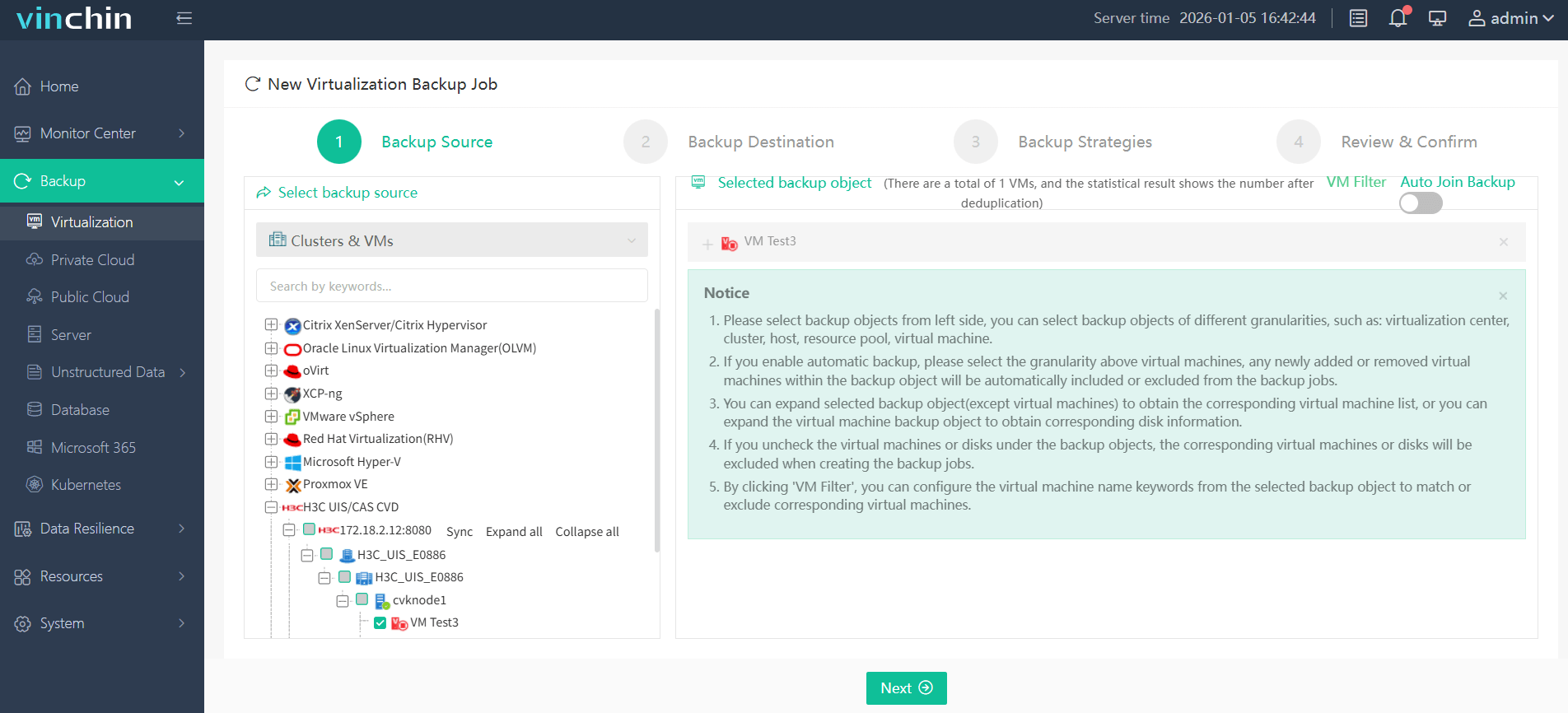 Select the H3C CAS/UIS VM to back up