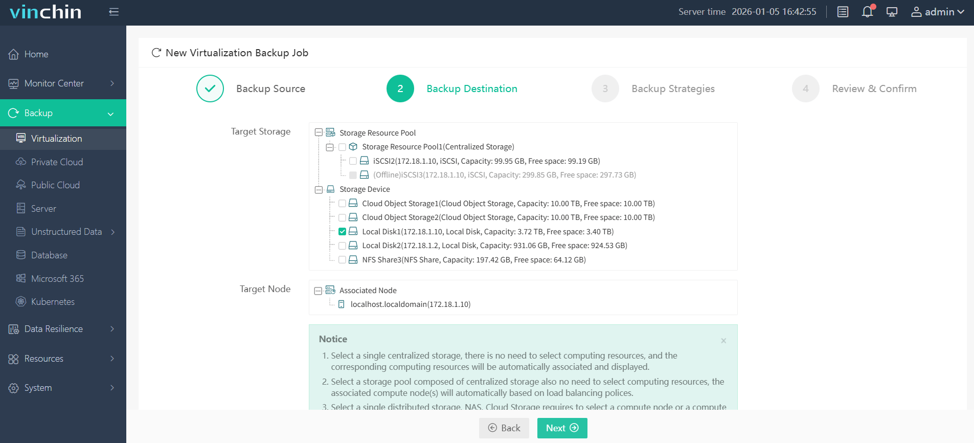 Choose the desired backup storage
