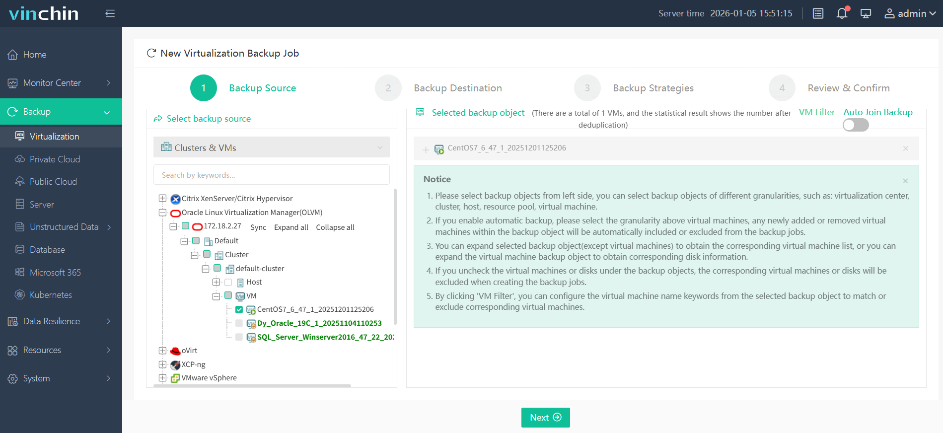 Select the OLVM VM you wish to back up