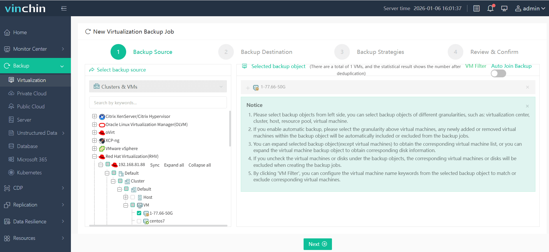Select the Red Hat Virtualization VM to back up Select the Red Hat Virtualization VM to back up
