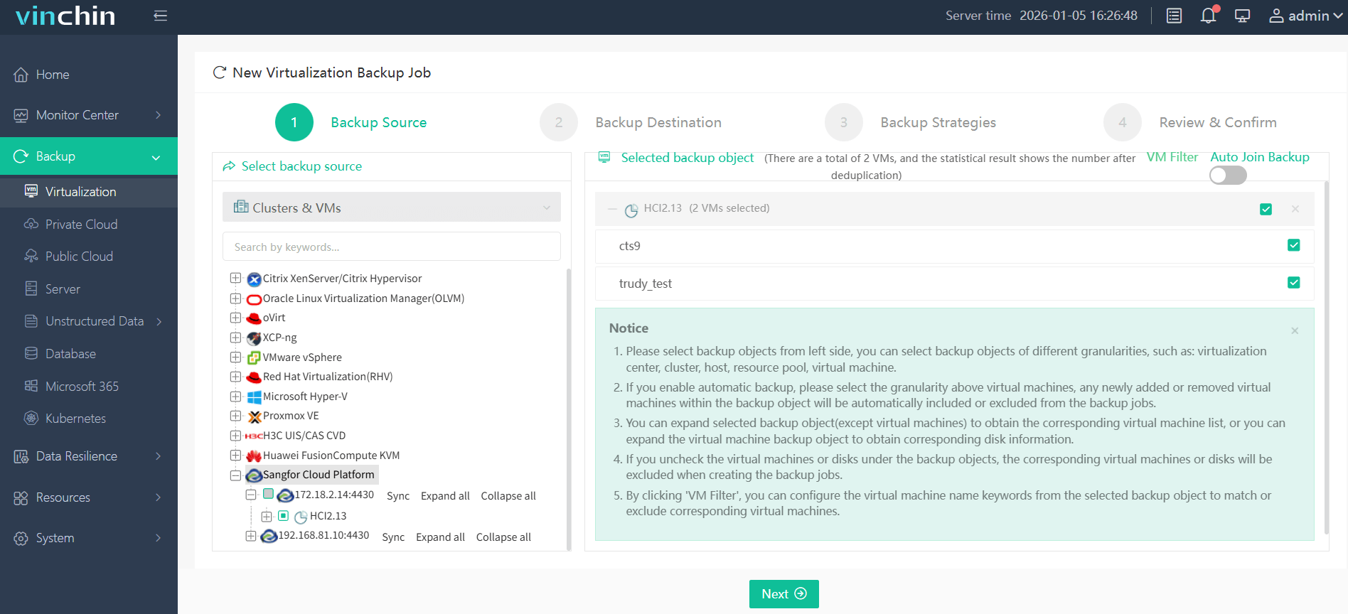 Select the Sangfor HCI VM you wish to back up