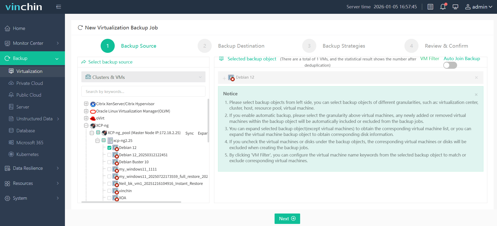 Select the XCP-ng VM to back up