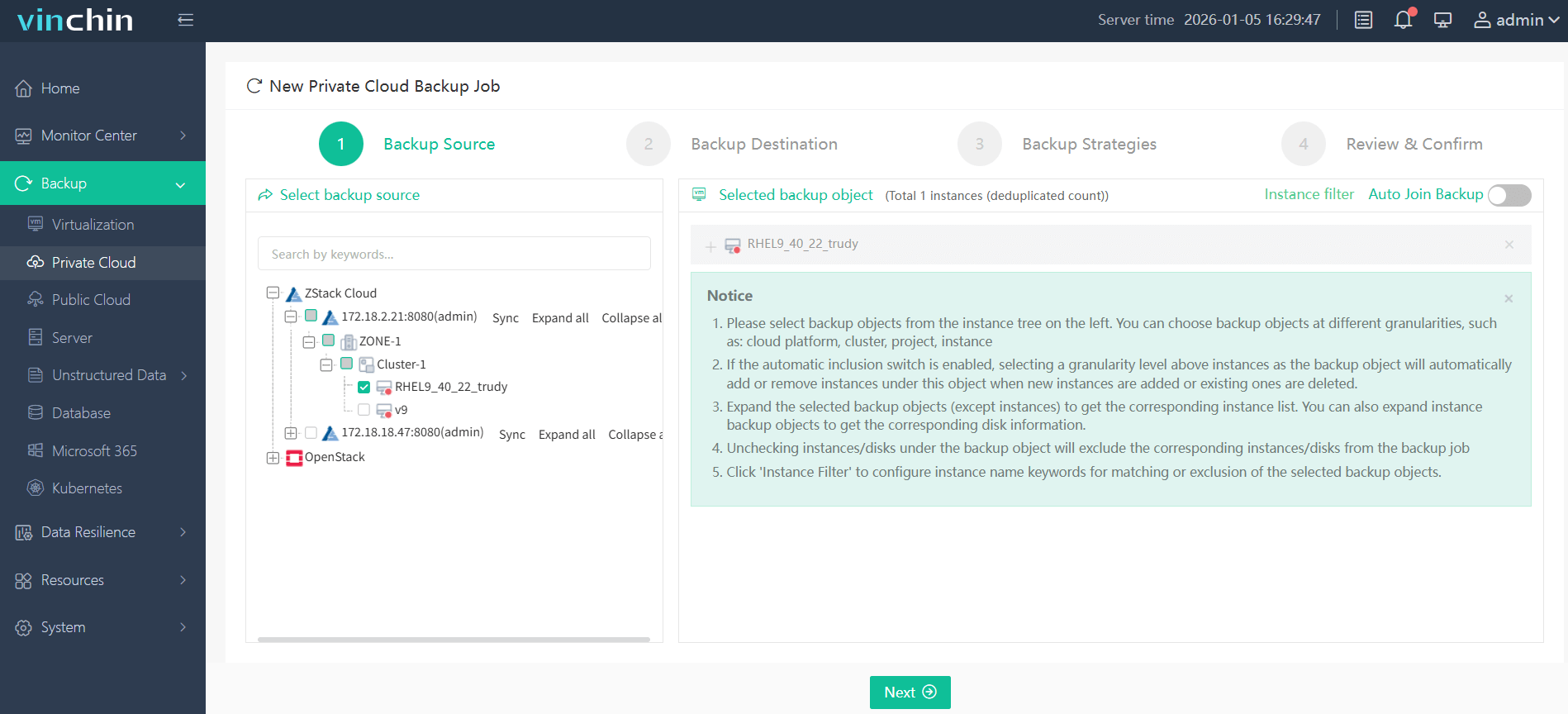Select the ZStack VM you wish to back up