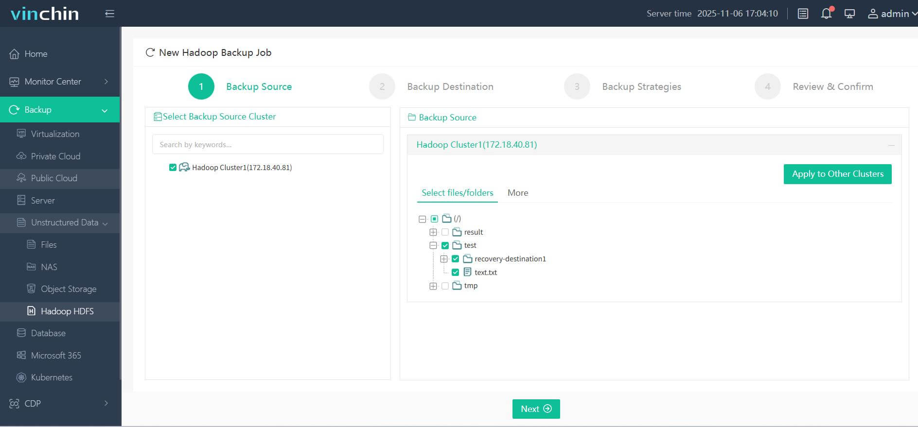 Select the Hadoop HDFS files you wish to back up