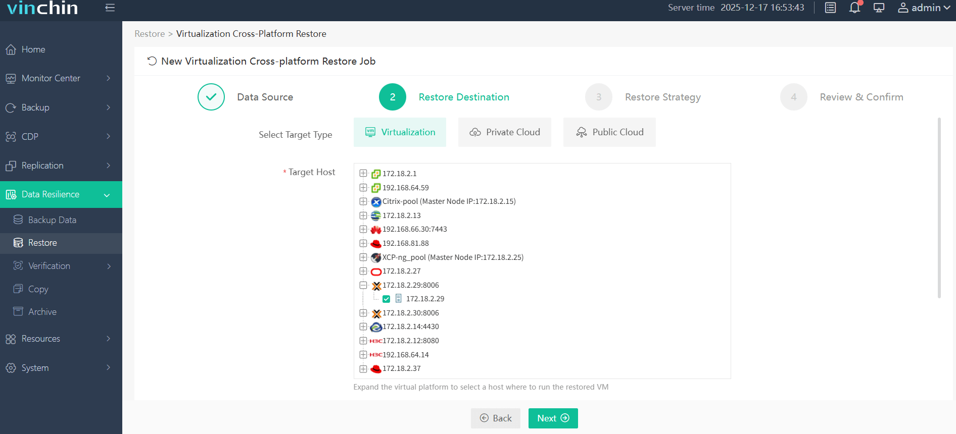 select restore destination