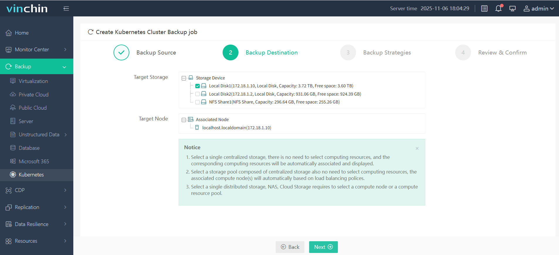 Choose the backup storage location Choose the backup storage location