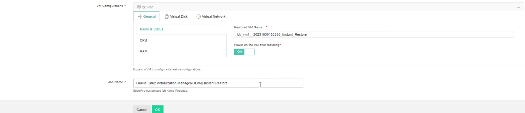 Instant restore VM on OLVM