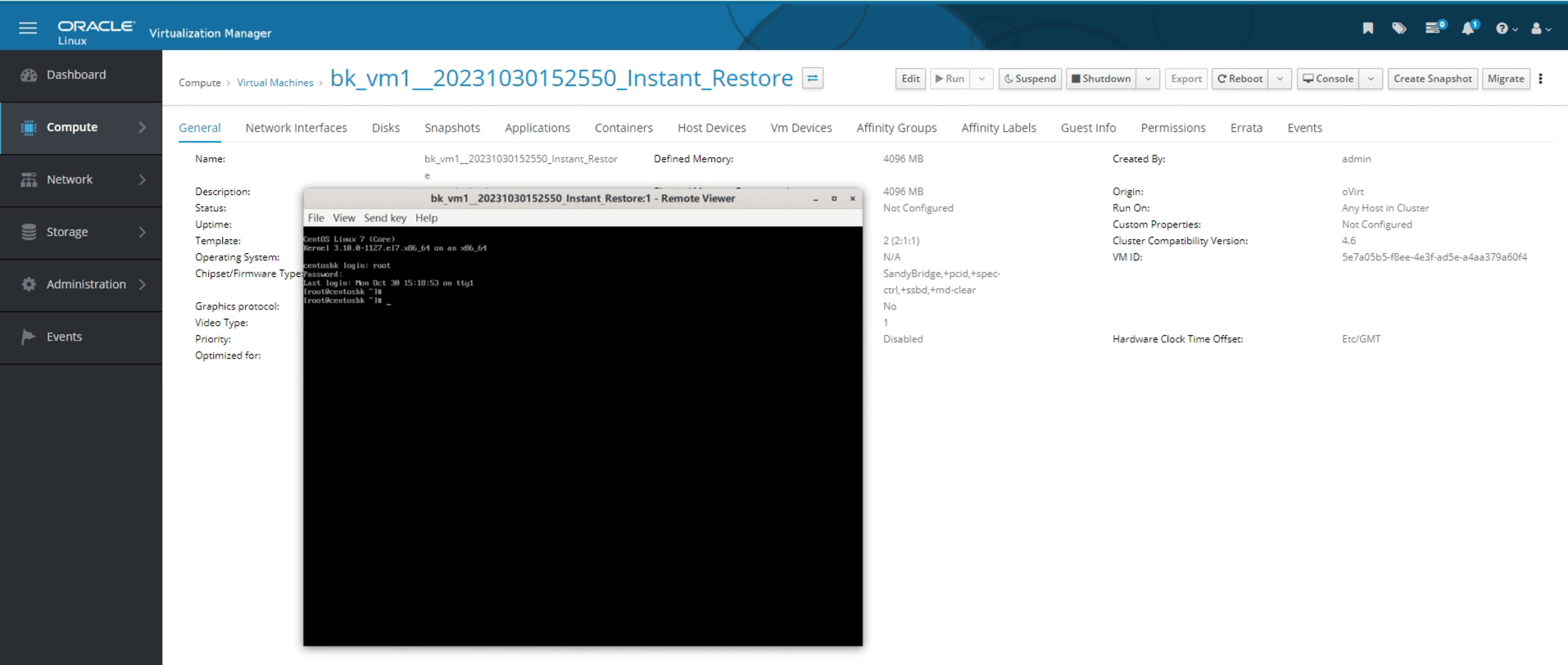 Instant restore VM on OLVM
