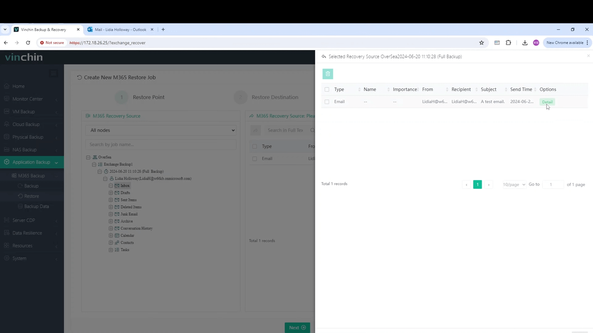 Select email to restore