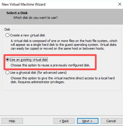 select use an existing virtual disk select use an existing virtual disk