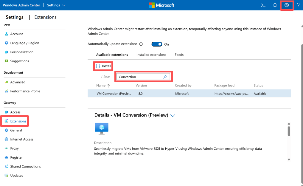 install the vm conversion extension install the vm conversion extension