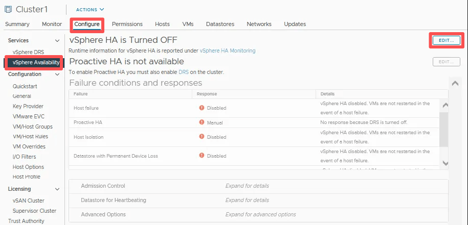 configure > vSphere availability
