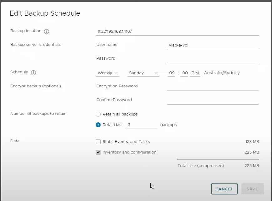 vCenter Backup Schedule