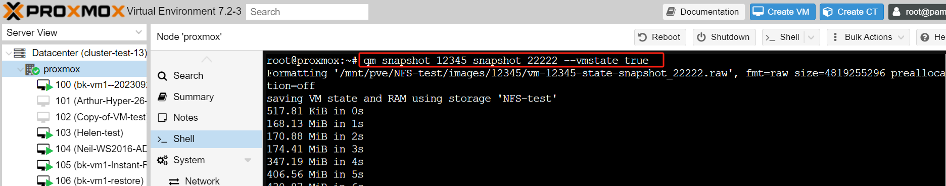 create a Proxmox snapshot using the command line