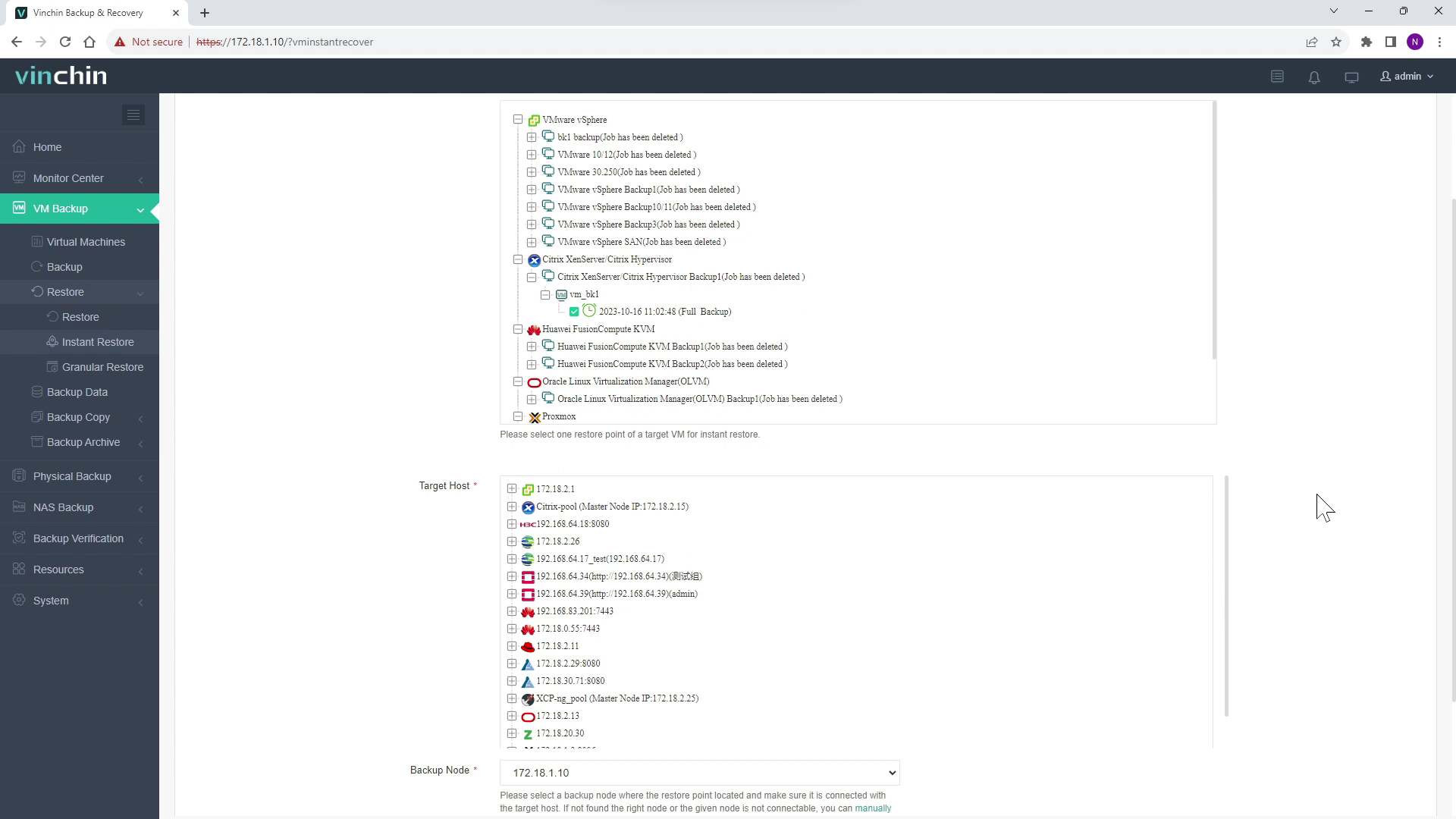 Select restore point and target host