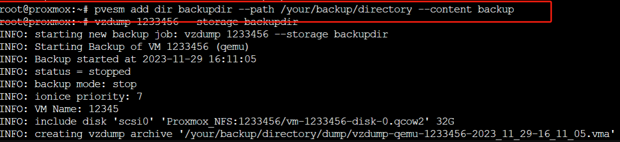 use command to backup Proxmox VM