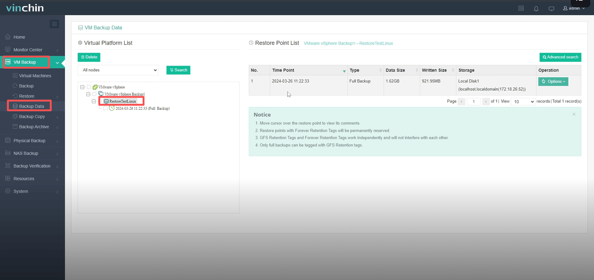 Создание задания резервного копирования VMware в интерфейсе Vinchin перед миграцией на zVirt