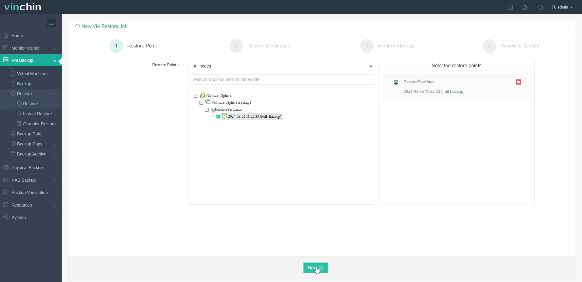 Главное окно мастера восстановления Vinchin New VM Restore Job для миграции ВМ