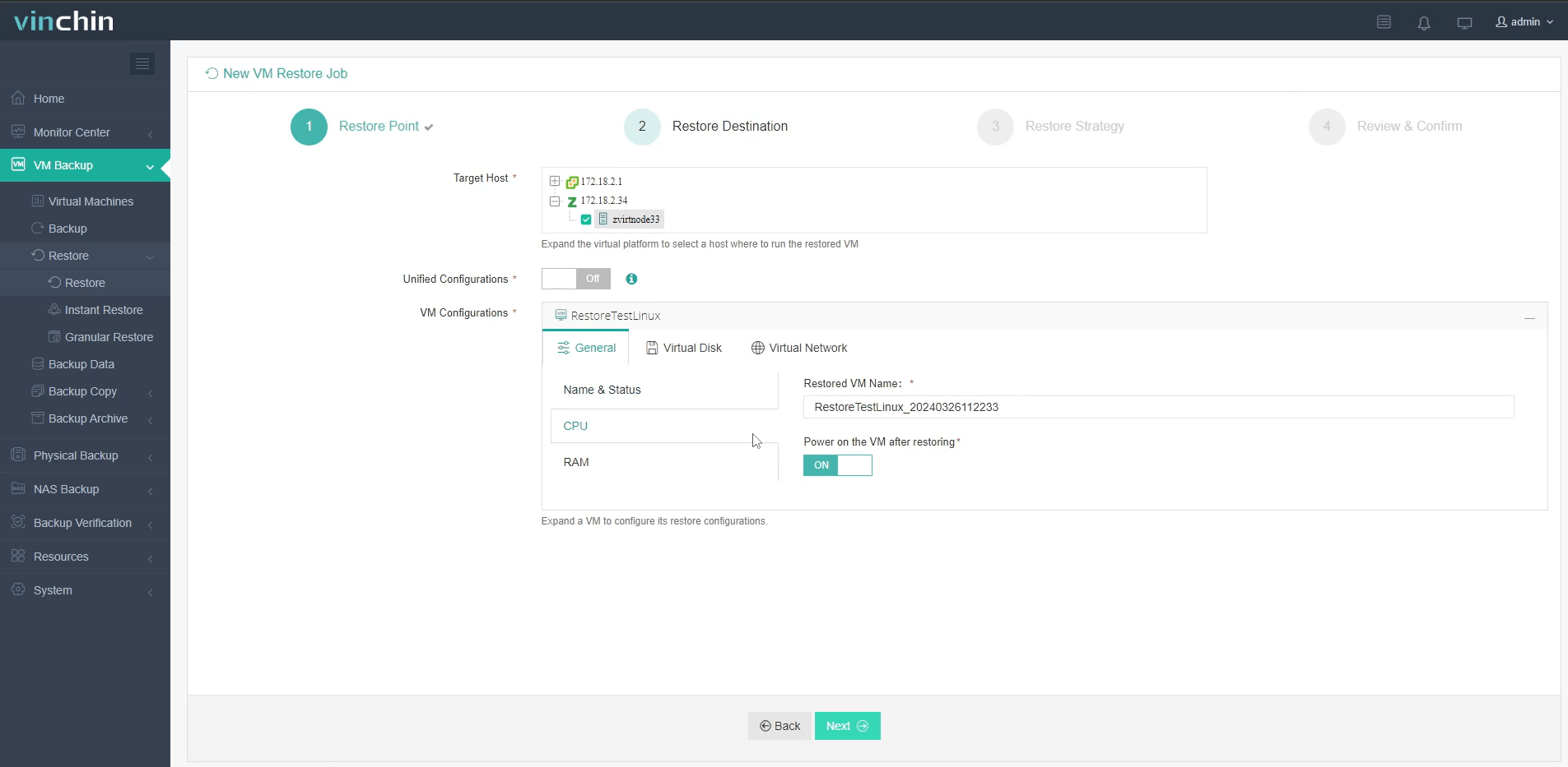 Настройка целевого хоста zVirt и конфигурации ВМ в разделе Restore Destination
