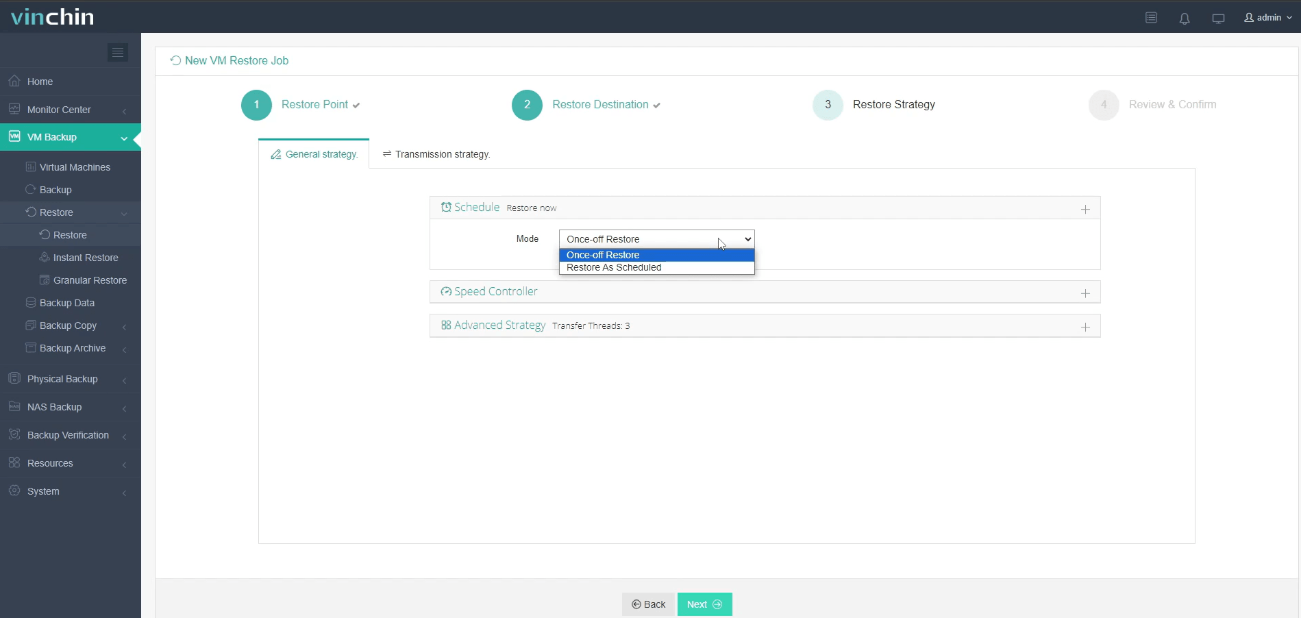 Настройка стратегии восстановления и потоков передачи данных в Vinchin 