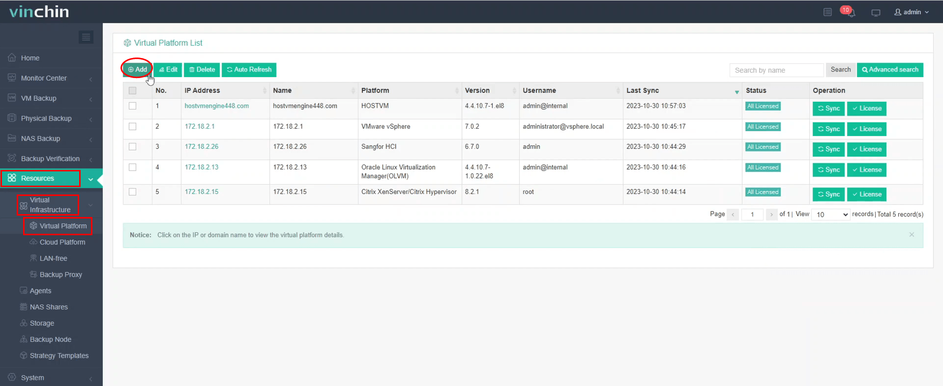 Раздел «Virtual Platform» в веб-консоли Vinchin, кнопка «Add» для добавления новой платформы виртуализации