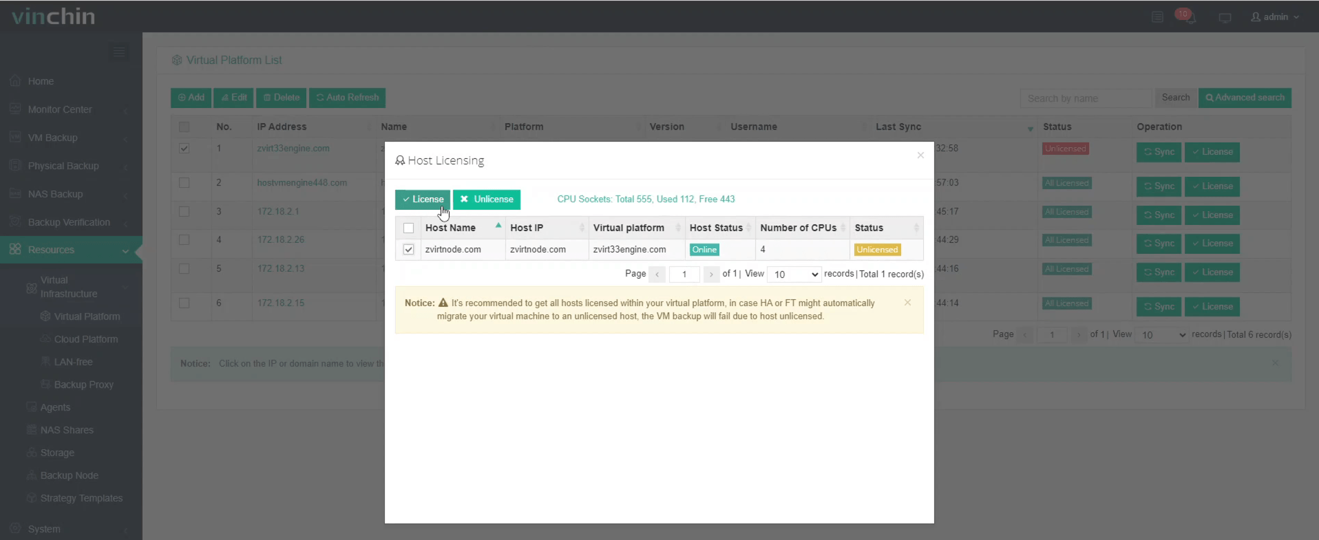 Диалоговое окно Host Licensing для назначения лицензий хостам zVirt в Vinchin